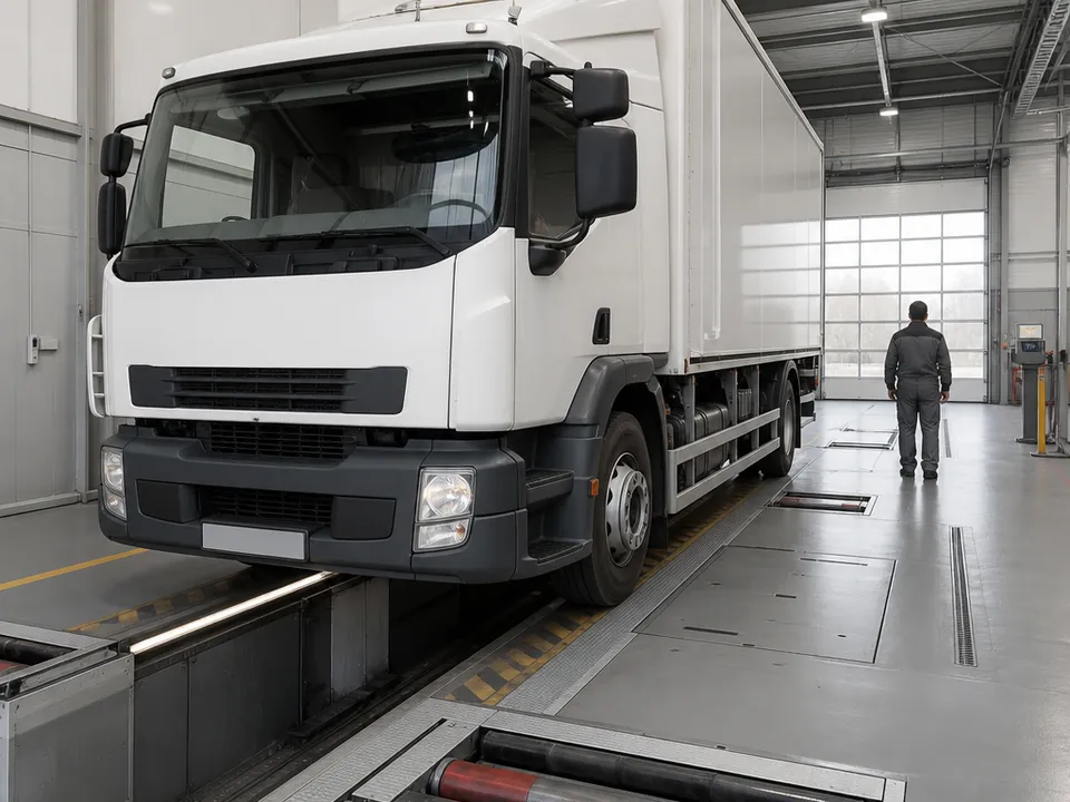Camion porteur au-dessus d’une fosse dans un centre de contrôle technique poids lourds