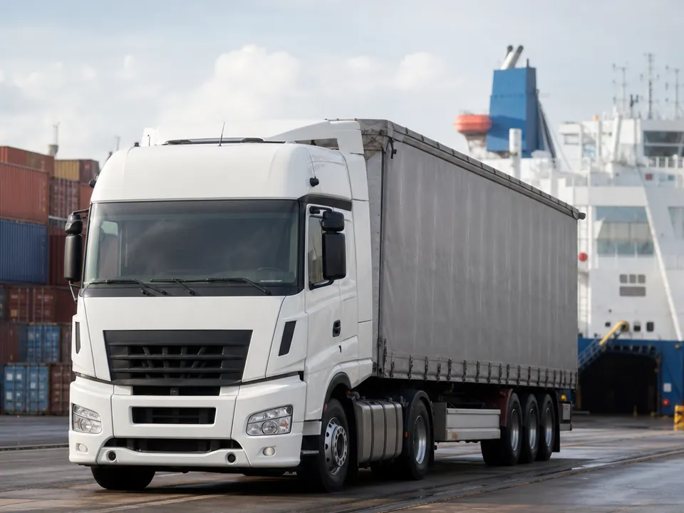 Tracteur routier et semi-remorque sur le quai d’un port de commerce, devant des conteneurs et un navire