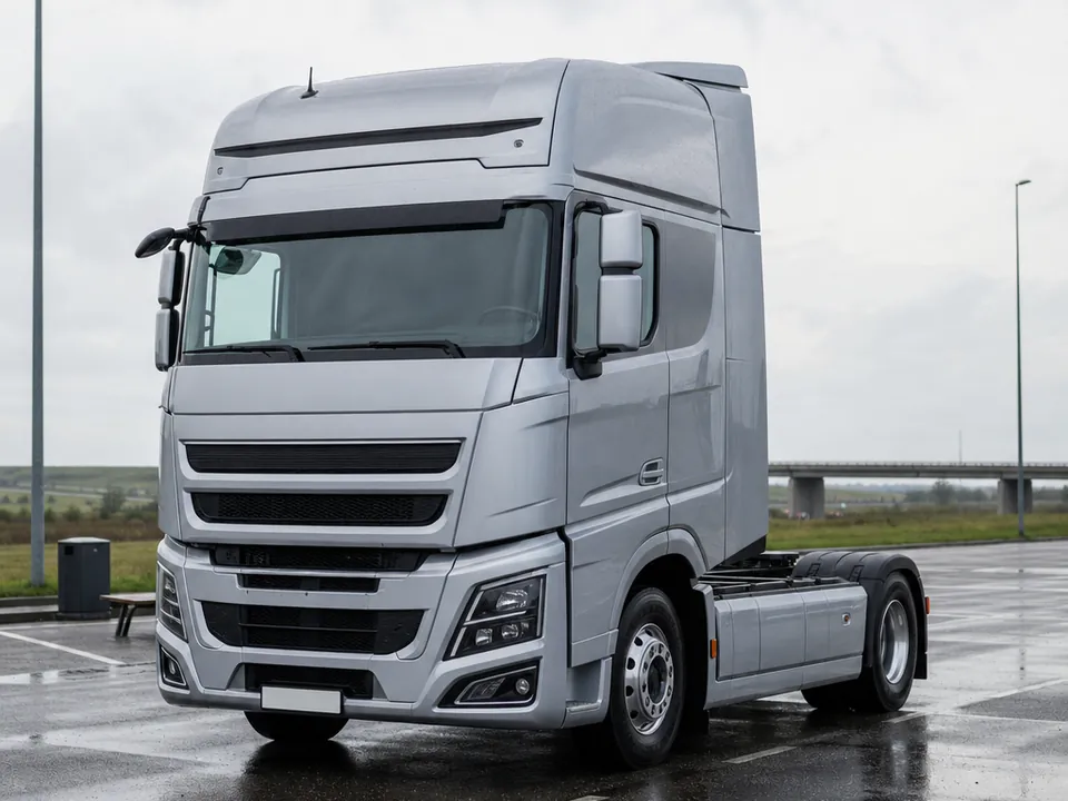 Tracteur routier neuf stationné sur une aire d’autoroute en Europe